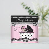 Cute Baby Shower Baby Girl Pink Black Pearl Invitation (Standing Front)
