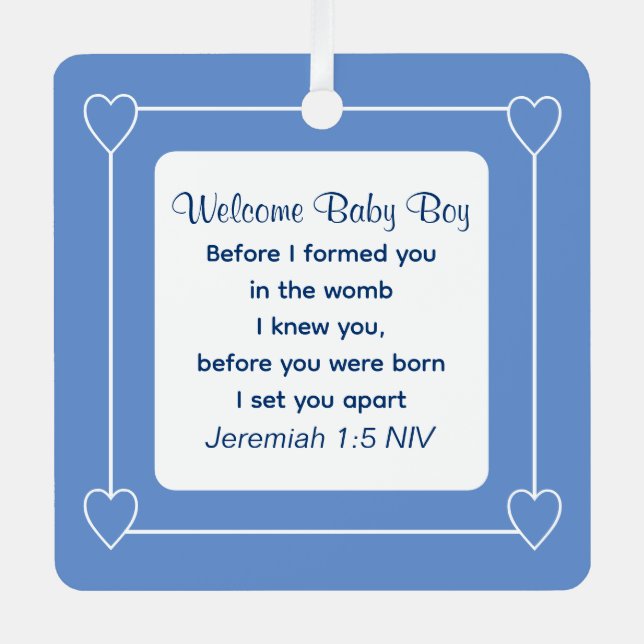 Cute Baby Shower Bible Verse Blue Party Favor Metal Ornament (Front)