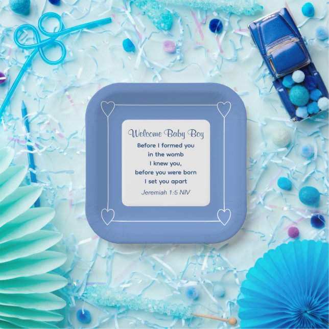 Cute Baby Shower Bible Verse Striped Blue Party Paper Plates (Party)