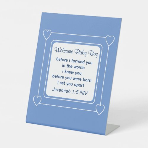 Cute Baby Shower Bible Verse Striped Blue Party Pedestal Sign