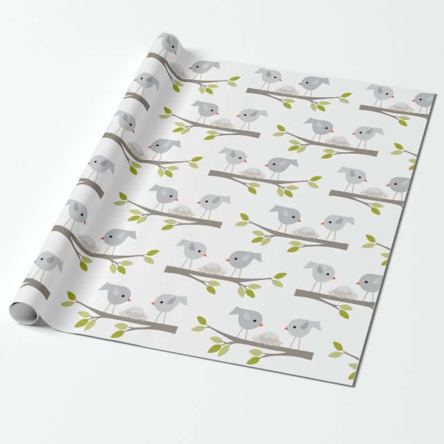 Cute Baby Shower Bird Nest Wrapping Paper (Unrolled)
