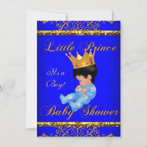 Cute Baby Shower Blue Gold Boy Prince Crown 3 Invitation