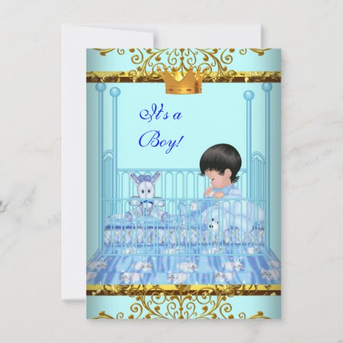 Cute Baby Shower Blue Gold Boy Prince Crown 4 Custom Invites