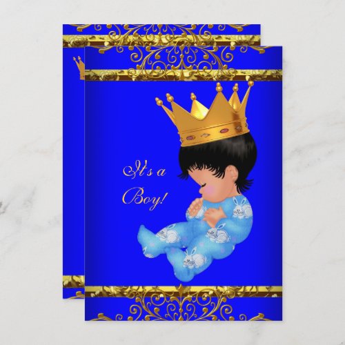 Cute Baby Shower Blue Gold Boy Prince Crown 4 Invitation