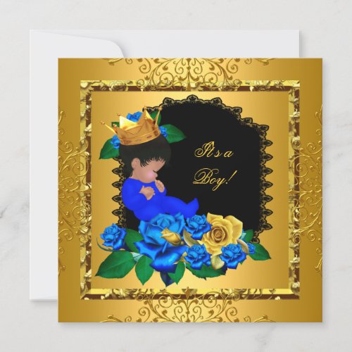 Cute Baby Shower Blue Gold Boy Prince Crown 5 Invitation