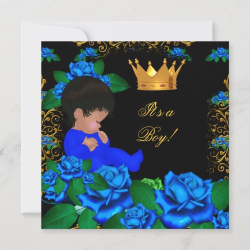 Cute Baby Shower Blue Gold Boy Prince Crown 8 Invitation