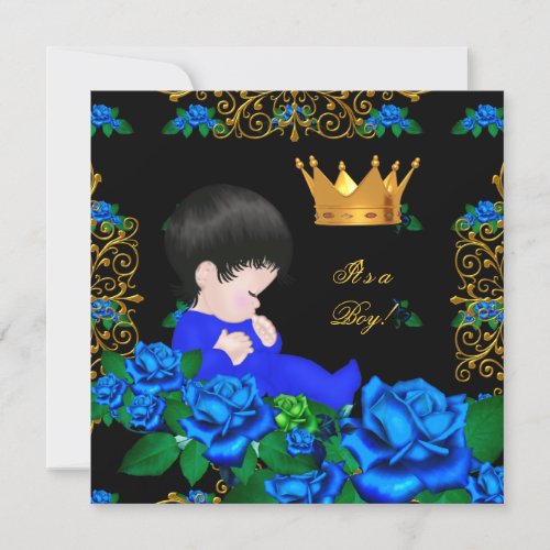 Cute Baby Shower Blue Gold Boy Prince Crown 9 Invitation