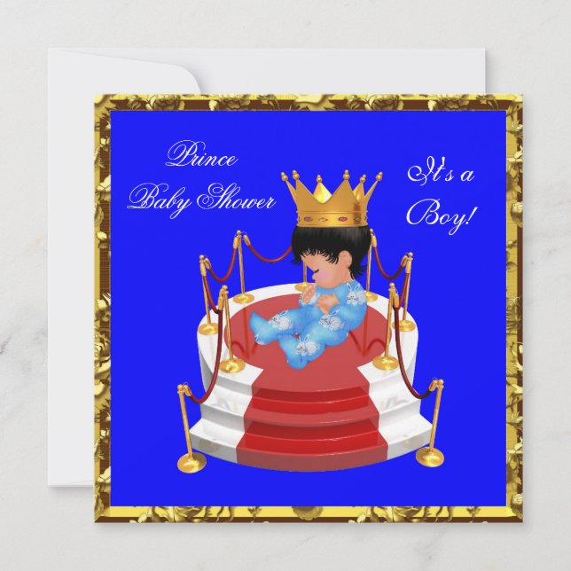 Cute Baby Shower Blue Gold Boy Prince Crown Invitation (Front)