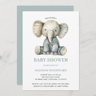 Cute Baby Shower Blue Plush Toy Elephant Invitation