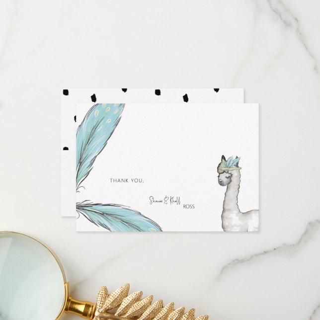 Cute Baby Shower Boho Llama White Thank You Card (Front/Back In Situ)