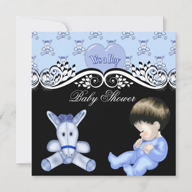 Cute Baby Shower Boy Baby Blue Black White Invitation (Front)