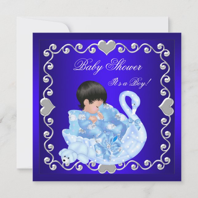 Cute Baby Shower Boy Baby royal Blue Swan Invitation (Front)