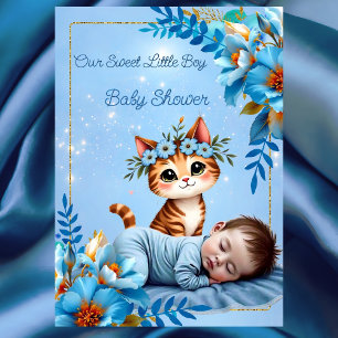 Cute Baby Shower Boy Blue Little Cat Kitten Invitation