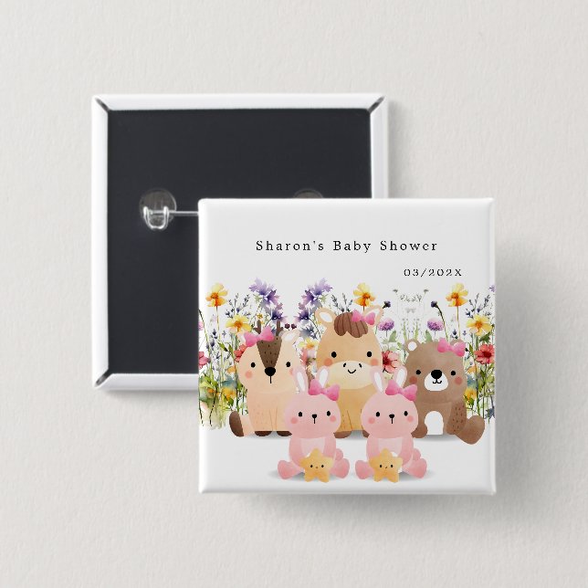 Cute Baby Shower Button | Animals and Wildflower (Front & Back)