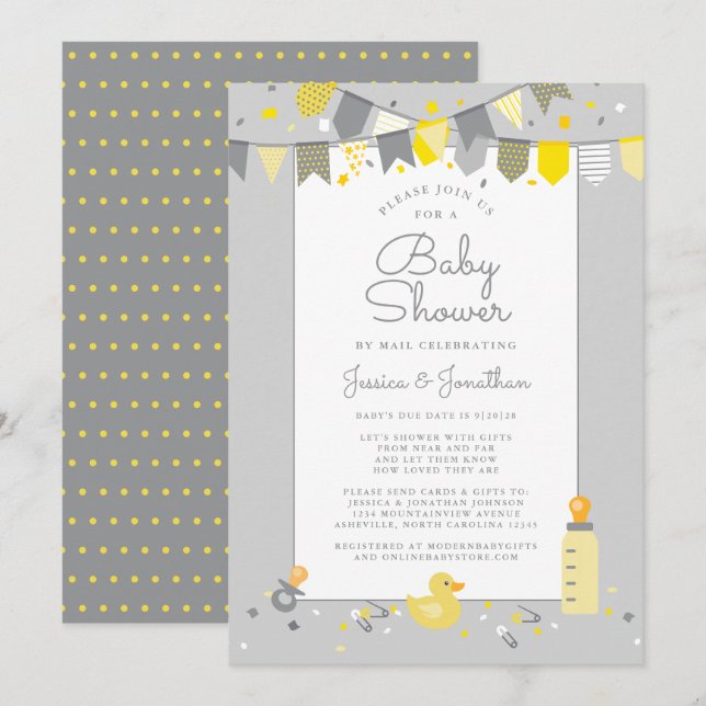 Cute Baby Shower By Mail Gray Yellow Modern Invitation (Front/Back)