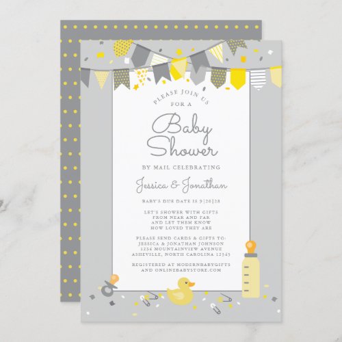 Cute Baby Shower By Mail Gray Yellow Modern Invitation