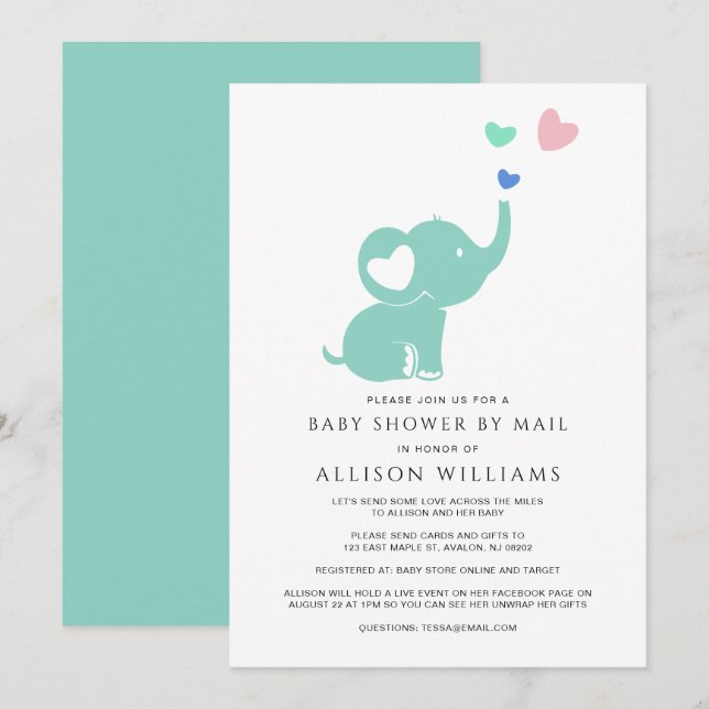 Cute Baby Shower By Mail Mint Green Elephant Heart Invitation (Front/Back)