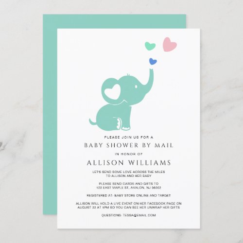 Cute Baby Shower By Mail Mint Green Elephant Heart Invitation