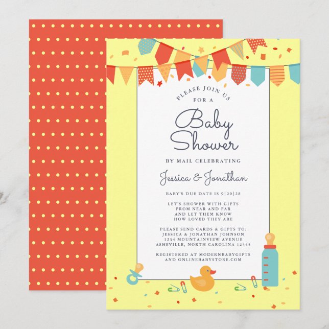 Cute Baby Shower By Mail Yellow Banners Confetti Invitation (Front/Back)