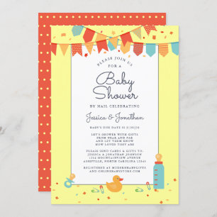 Cute Baby Shower By Mail Yellow Banners Confetti Invitation