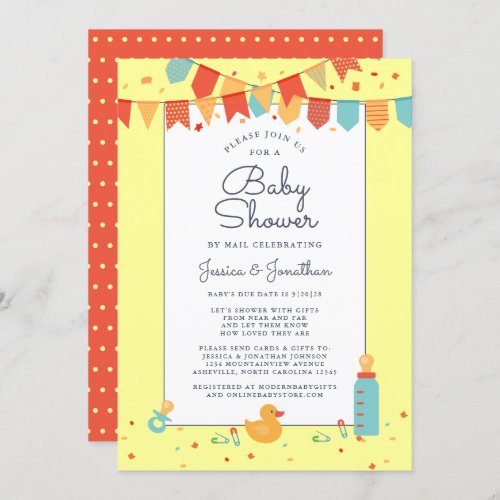 Cute Baby Shower By Mail Yellow Banners Confetti Invitation