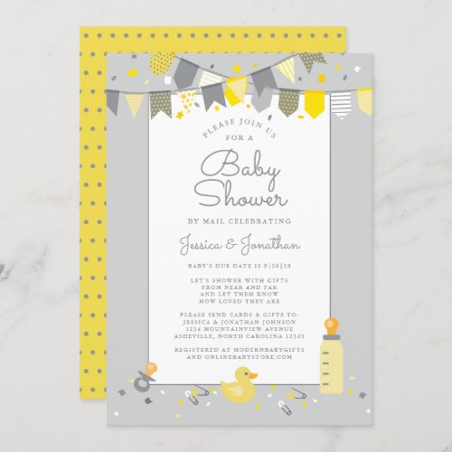 Cute Baby Shower By Mail Yellow Gray Modern Invitation