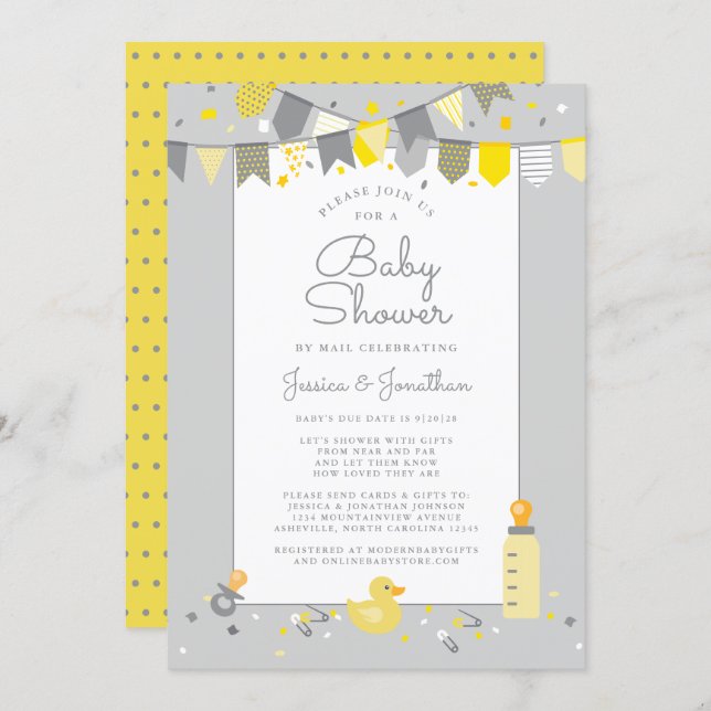 Cute Baby Shower By Mail Yellow Gray Modern Invitation (Front/Back)