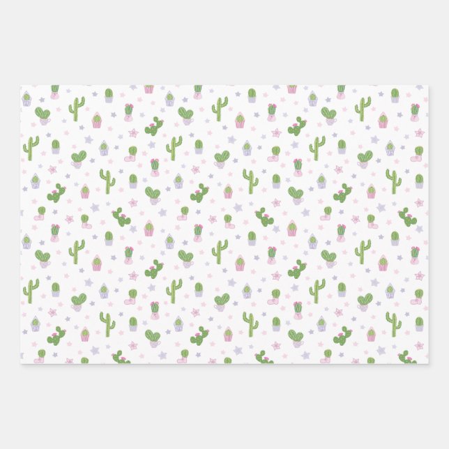 Cute Baby Shower Cacti Party Pattern Wrapping Paper Sheets (Front)