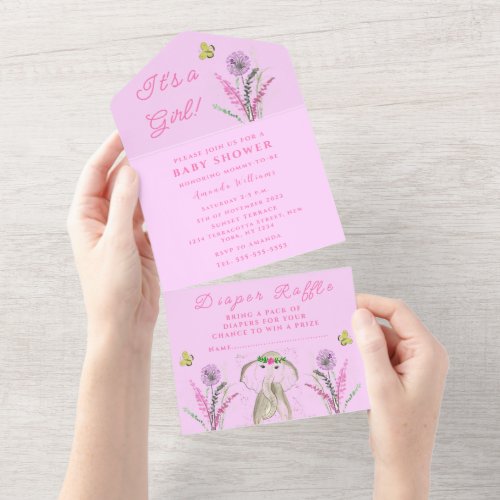 Cute Baby Shower Elephant Its a Girl Floral Pink  All In One Invitation