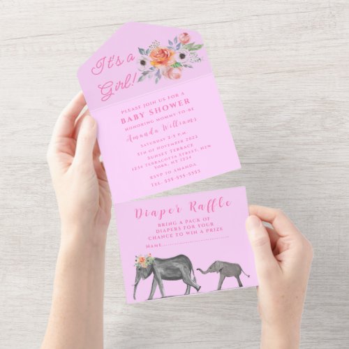 Cute Baby Shower Elephant Its a Girl Floral Pink  All In One Invitation