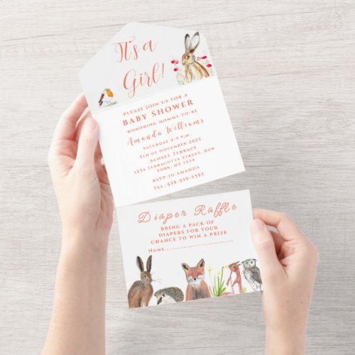 Cute Baby Shower Fox Hare Its a Girl Floral  All In One Invitation