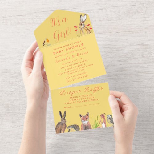 Cute Baby Shower Fox Hare Its a Girl Floral  All In One Invitation