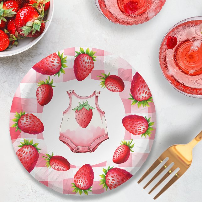 Cute Baby Shower Gingham Strawberry Picnic Retro Paper Bowls (strawberry gingham baby shower cute sweet berry pink red picnic farmhouse country chic mum mom to be)