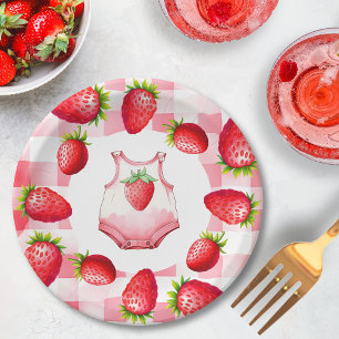 Cute Baby Shower Gingham Strawberry Vintage Paper Plates