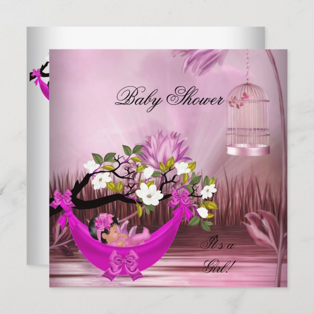 Cute Baby Shower Girl Baby Hot Pink Hammock Magica Invitation (Front/Back)