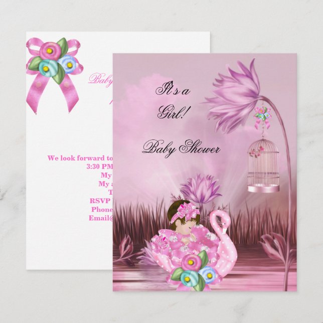 Cute Baby Shower Girl Baby Hot Pink Swan Magical Invitation (Front/Back)