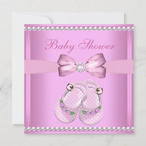 Cute Baby Shower Girl Baby Pink Booties Pearl Announcements