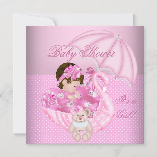Cute Baby Shower Girl Baby Pink White Swan Invitation