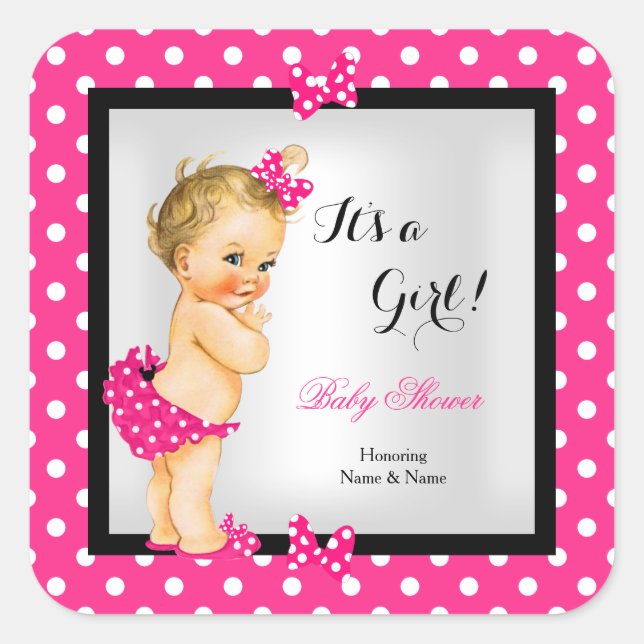 Cute Baby Shower Girl Hot Pink Black Blonde Square Sticker (Front)