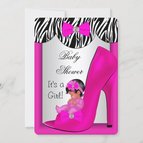 Cute Baby Shower Girl Hot Pink Ethnic Baby Shoe 2E Invitation