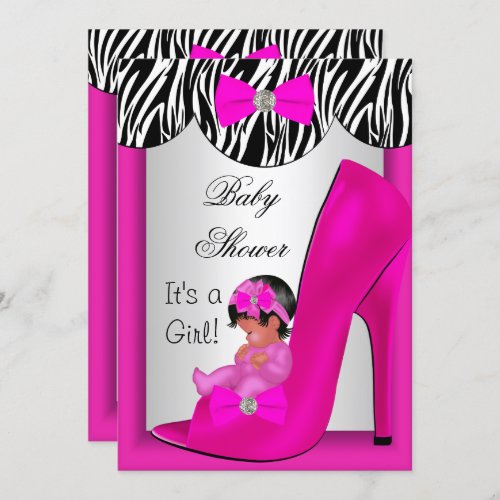 Cute Baby Shower Girl Hot Pink Ethnic Baby Shoe 2E Invitation