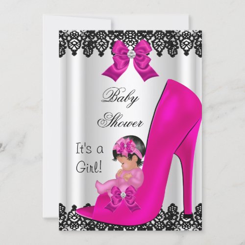 Cute Baby Shower Girl Hot Pink Shoe Black Lace Invitation