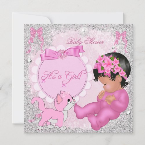 Cute Baby Shower Girl Kitten Pink Snowflakes Invitation