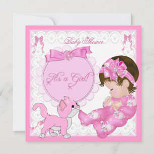 Cute Baby Shower Girl Kitten Pink White Invitation