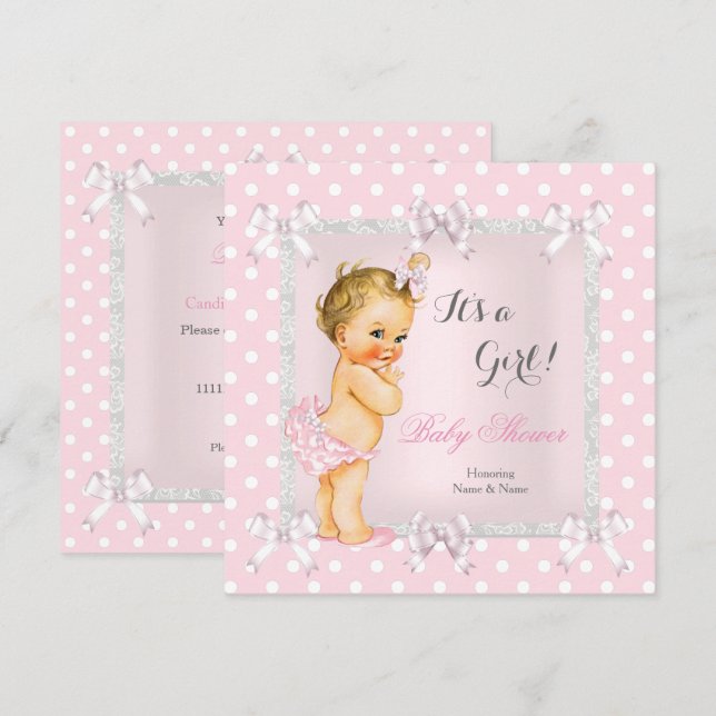 Cute Baby Shower Girl Pink Gray Blonde Invitation (Front/Back)