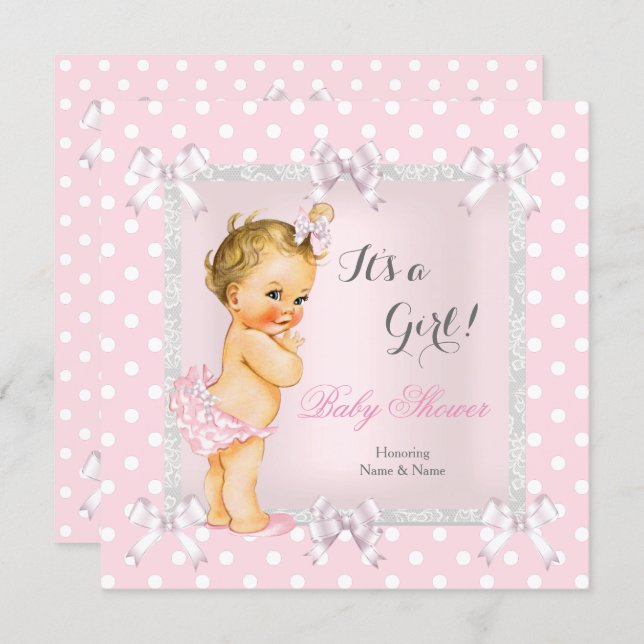 Cute Baby Shower Girl Pink Gray Blonde Invitation (Front/Back)