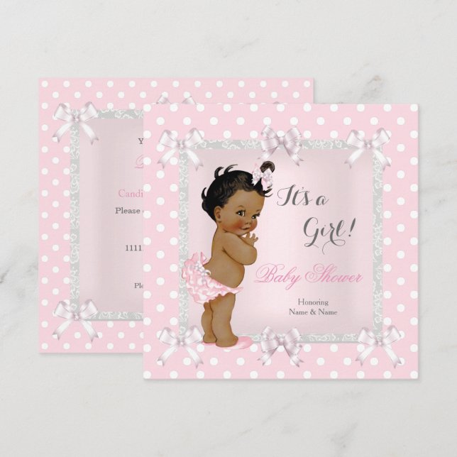 Cute Baby Shower Girl Pink Gray Ethnic Invitation (Front/Back)