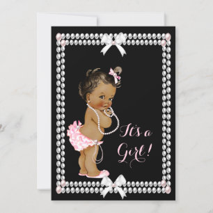 Cute Baby Shower Girl Pink Pearls Black Ethnic Invitation