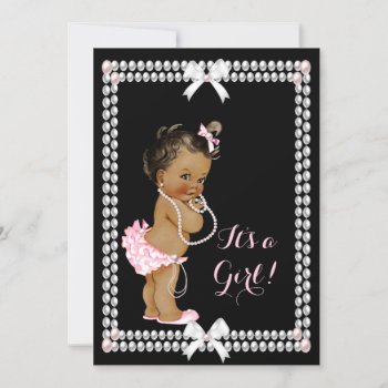 Cute Baby Shower Girl Pink Pearls Black Ethnic Invitation by VintageBabyShop at Zazzle