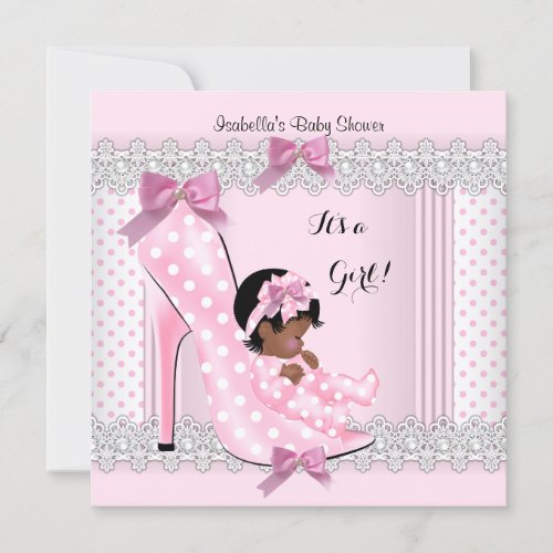 Cute Baby Shower Girl Pink Polka Dots High Heel 2 Invitation